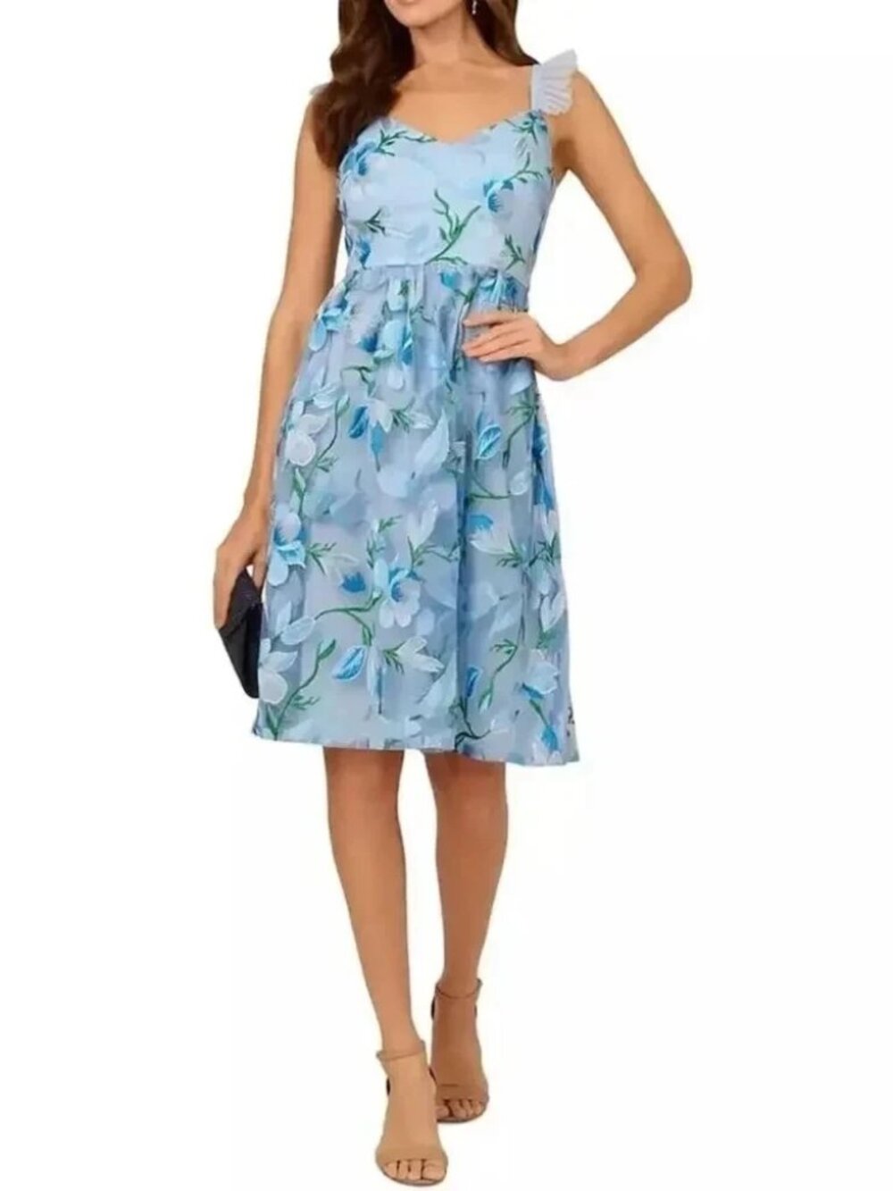 Adrianna Papell Blue Floral Embroidered Ruffle Midi Dress
